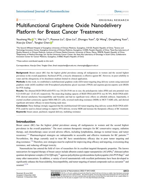 Pdf Multifunctional Graphene Oxide Nanodelivery Platform For Breast