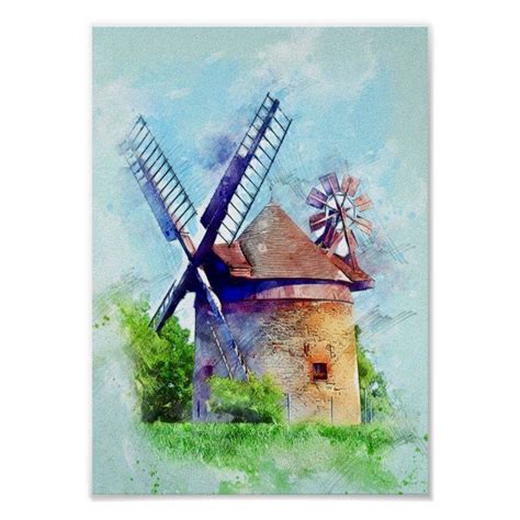 Vintage Windmill Watercolor Painting Poster Windmill Art