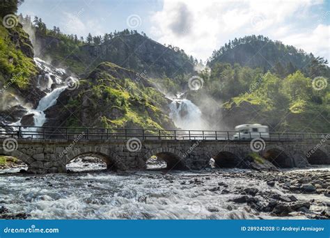 Latefoss Twin Waterfalls Streams Under The Stone Bridge Archs Odda