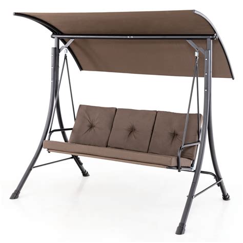 Costway 3-Seat Outdoor Porch Swing Adjustable Canopy Padded Cushions ...