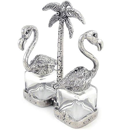 Amazon Flamingo And Tropical Palm Tree Pewter And Glass Salt