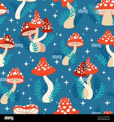 Seamless Pattern Of Amanita Mushrooms Hand Drawn Vector Illustration