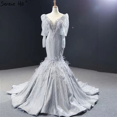 Serene Hill Dubai Sexy Grey Long Sleeves Evening Gown 2022 Crystal