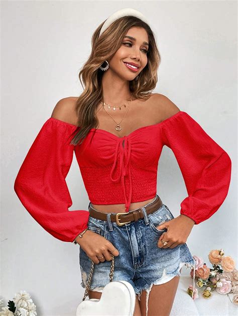 Shein Vcay Off Shoulder Drawstring Front Lantern Sleeve Crop Blouse