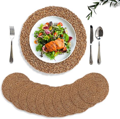 Barien 12 Inches Brown Woven Placemats Round Set Of 6 Natural Seagrass