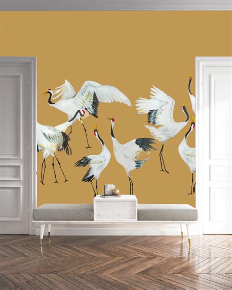 Mural Kraanvogels Okergeel Japanese Crane Dance Catchii