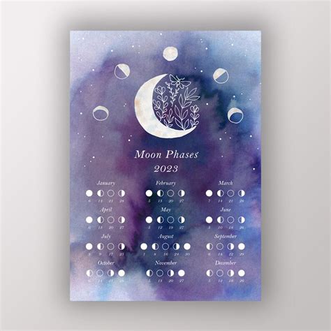 Printable Lunar Calendar Watercolor Moon Phases Calendar Lunar