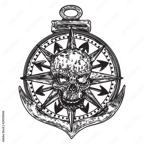 Nautical Emblem With Marine Anchor And Compass Arrows Wheel And Skull Sea Or Ocean Sailor