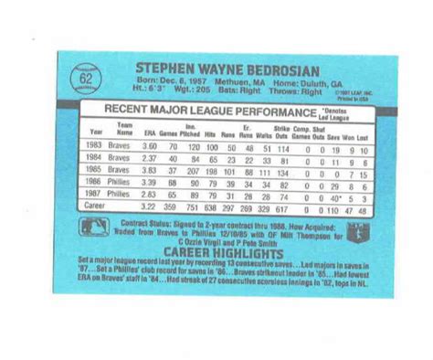 Steve Bedrosian Phillies Pitcher 62 Donruss 1988 Baseball Card EBay