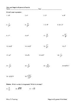 Negative Exponents Worksheet by Miss J's Tutoring | TPT