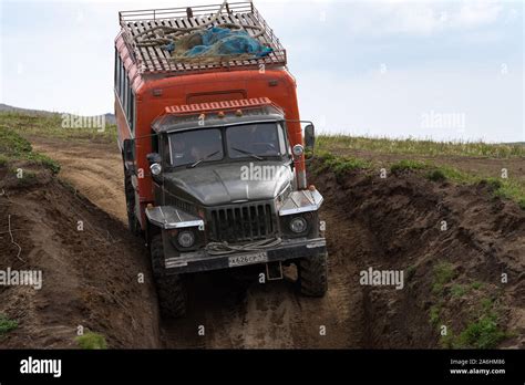 Russian Off Road Extreme Expedition Truck Ural Driving On Mountain Road