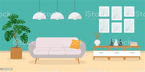 Living Room Interior With Sofa And Modern Furniture In Flat Design Home Or House Inside Vector