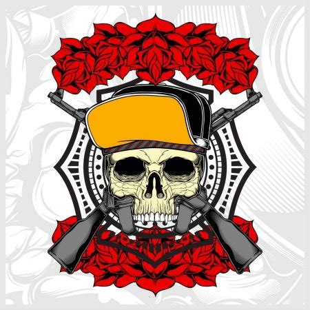 Skull Mafia Gengster Wearing Bandana With Gun An Roses Stock Vector