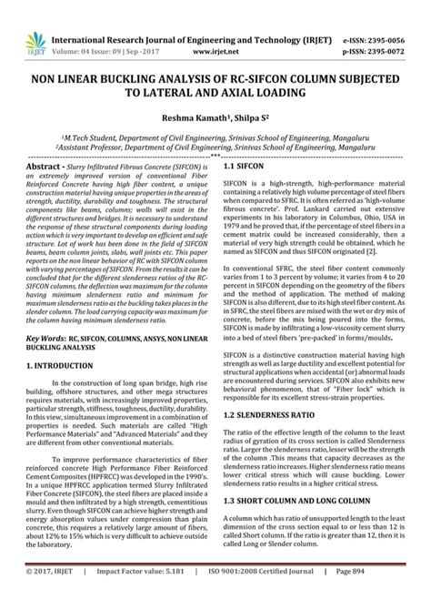 Non Linear Buckling Analysis Of RC SIFCON Column Subjected To Lateral