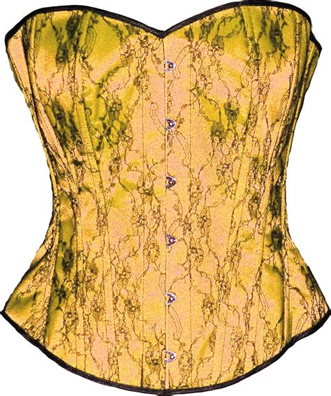 Yellow Satin Black Lace Brocade Victorian Corset Overbust Basque Steel Busk Bumble Bee Queen