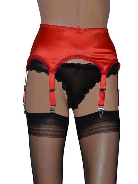 6 Strap Suspender Belts In Red White And Black Satin