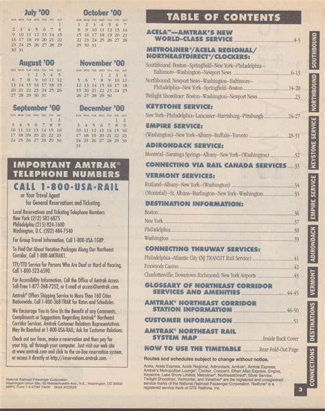 Amtrak Northeast Corridor Timetable Summer-Fall 2000 with Acela