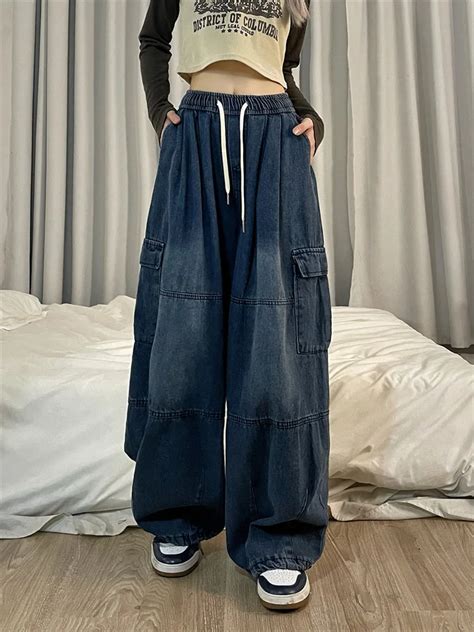 Qweek Harajuku Vintage Blue Cargo Jeans Women Oversized Y K Grunge