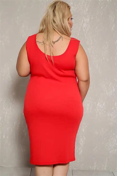 Sexy Red Ribbed Knee Length Sleeveless Plus Size Casual Dress Amiclubwear