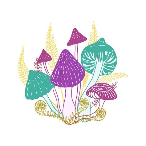 Premium Vector Six Colorful Forest Mushrooms Growing With Ferns And