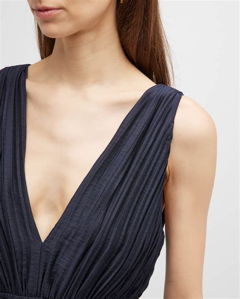 Vince Pleated Double V Neck Sleeveless Midi Dress Neiman Marcus