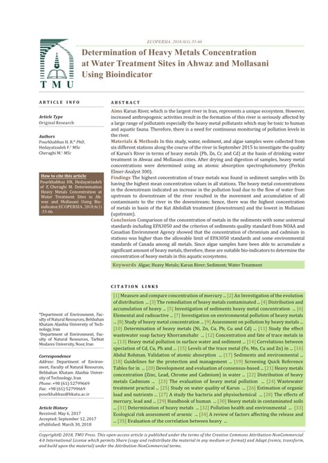 Pdf Determination Of Heavy Metals Concentration At Water Treatment Sites In Ahwaz And