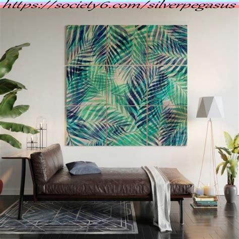 Silverpegasus Palm Leaves Indigo Green Wood Wall Art