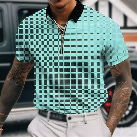 Pólo Masculino Zip Lapela Camisa Golfe Impressão Gráfica Geometria