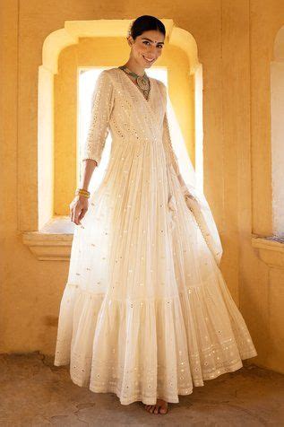 Preevin Cotton Mulmul Angrakha Anarkali With Dupatta Off White