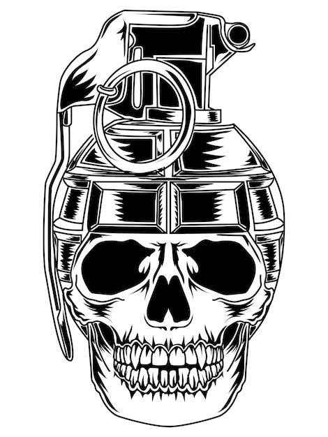 Tattoo And T Shirt Design Black And White Grenade Skull Premium