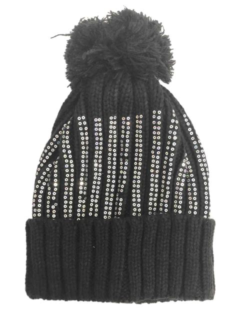 Fame Womens Black And Silver Knit Sequin Pom Beanie Hat Knit Stocking