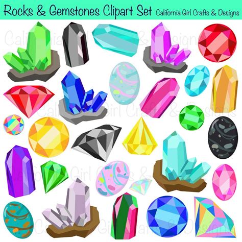 Rocks & Gemstones Clip Art Set Rocks, Crystals, Jewels, Quartz, Opal ...