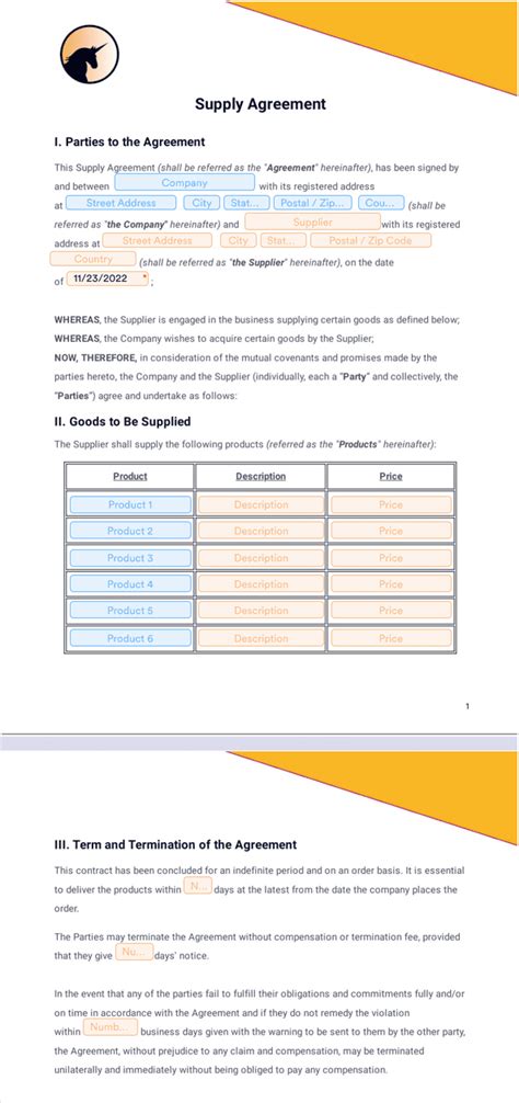 Supply Agreements Free Templates