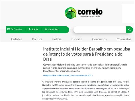 Correio De Caraj S Cita Pesquisa Realizada Pela Paran Pesquisas