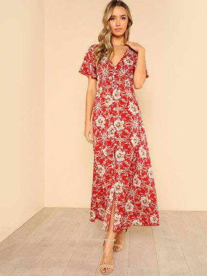 Button Up Shirred Waist Floral Maxi Dress Sheinsheinside Summer Dresses Floral Flare Dress