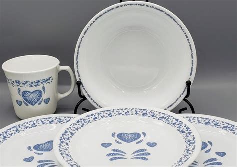 Vintage Corelle Blue Hearts Replacement Glass Dinnerware Dishes Set Of