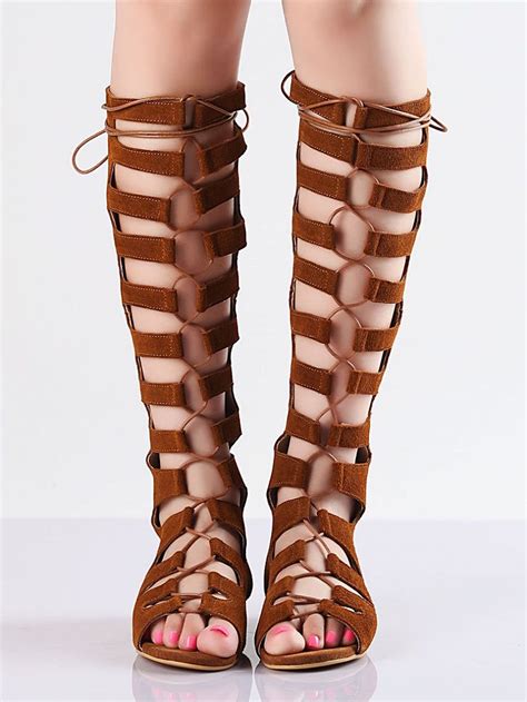 Saddle Brown Suede Tie Up Knee High Flat Gladiator Sandals Choies