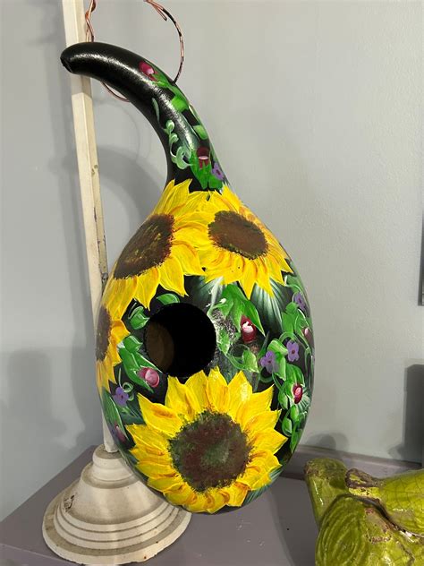 Gourd Birdhouse Hand Painted Black Background With Large Sunflowers And