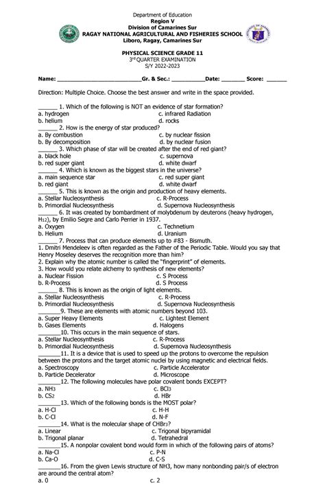 Physical Science 3rd Quarterly Assesment Sy 2022 2023 Department Of