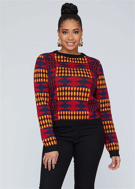 Abani African Print Kente Womens Sweater Blue Red Kente Clearance