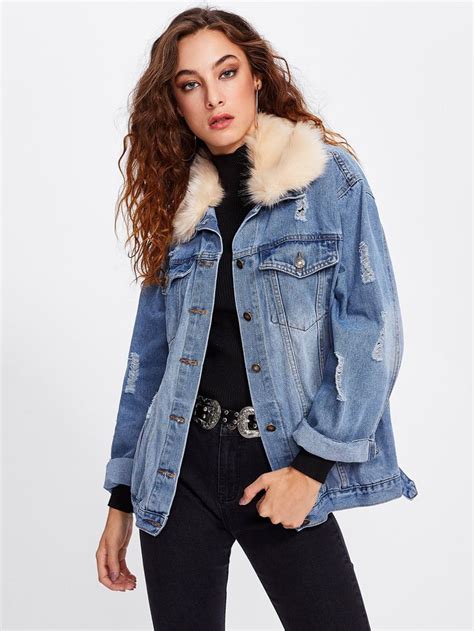 Faux Fur Collar Denim Jacket With Ripped Detail Akizura Los Angeles