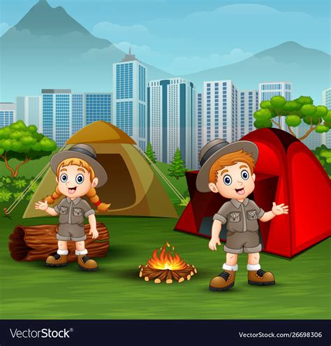 Cartoon kids in explorer outfit camping out at cit