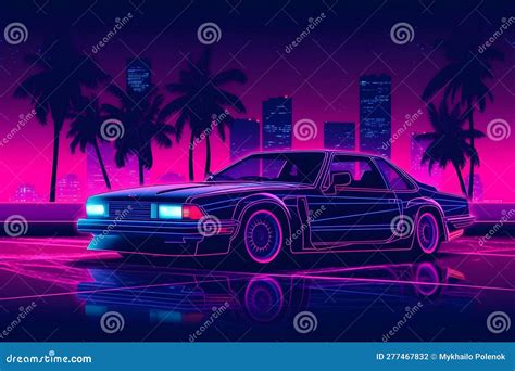 Futuristic Retro Wave Synth Wave Car. Retrowave Style Stock Illustration - Illustration of ...