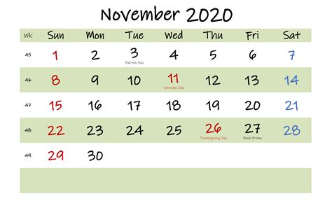 Awesome Printable November Holidays 2020 Calendar Template