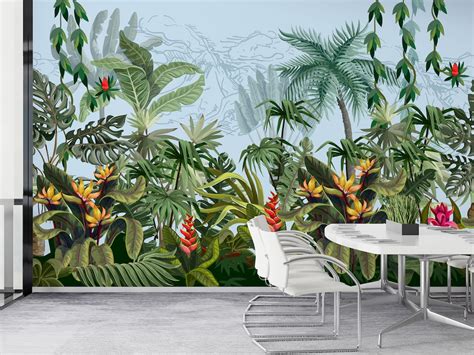 Peel and Stick Wallpaper Jungle Mural Wallpaper With Green Trees and Flowers Exotic Leaves Self ...