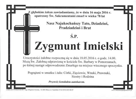 Nekrolog Zygmunt Imielski Informacje Pogrzebowe Powiat Olkusz