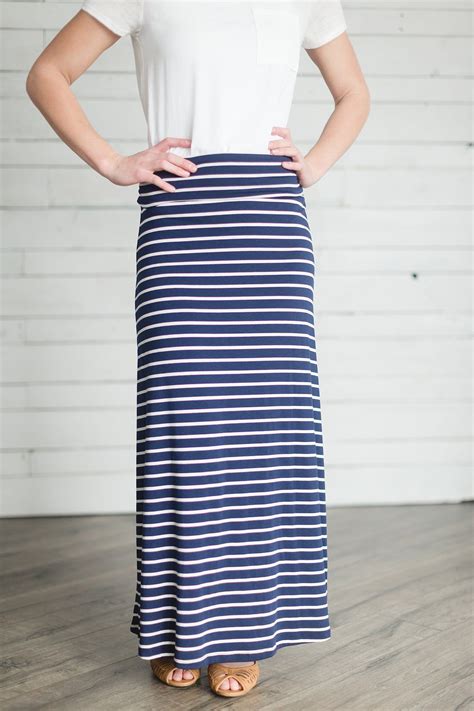 Navy White Striped Maxi Skirt Long Knit Skirt Striped Maxi Skirts