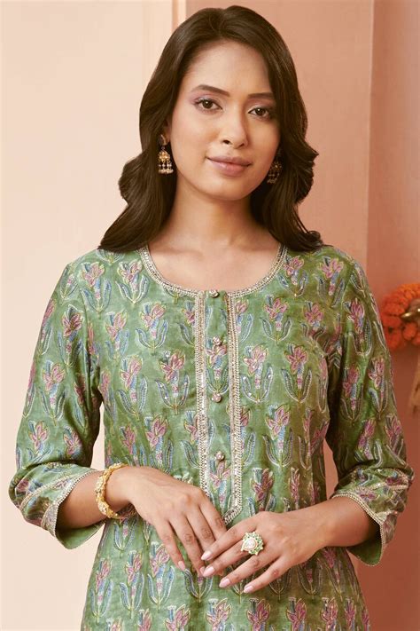 Buy Green Hand Block Printed Straight Chanderi Kurta For Women FGMK23