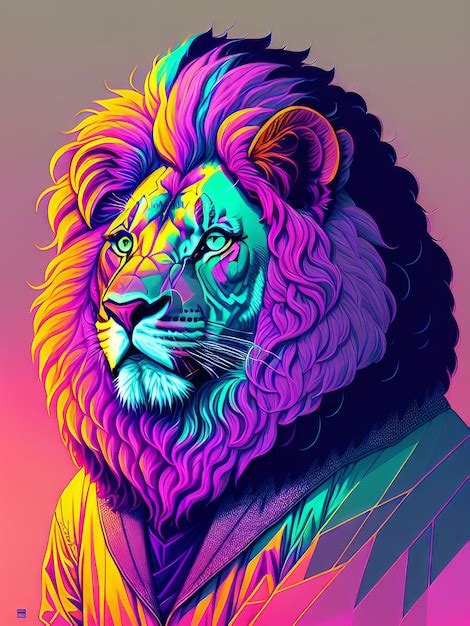 Premium AI Image | A colorful lion with a blue mane and a pink mane