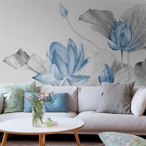 Abstrakte Tinte Blau Lotus Geblümte Tapete Wandbild Etsy Wall